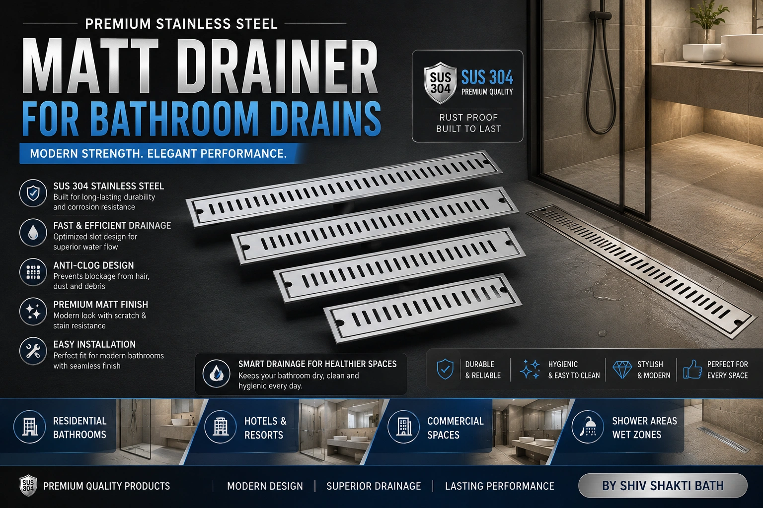Matt Drainer for bathroom drains in luxury bathroom